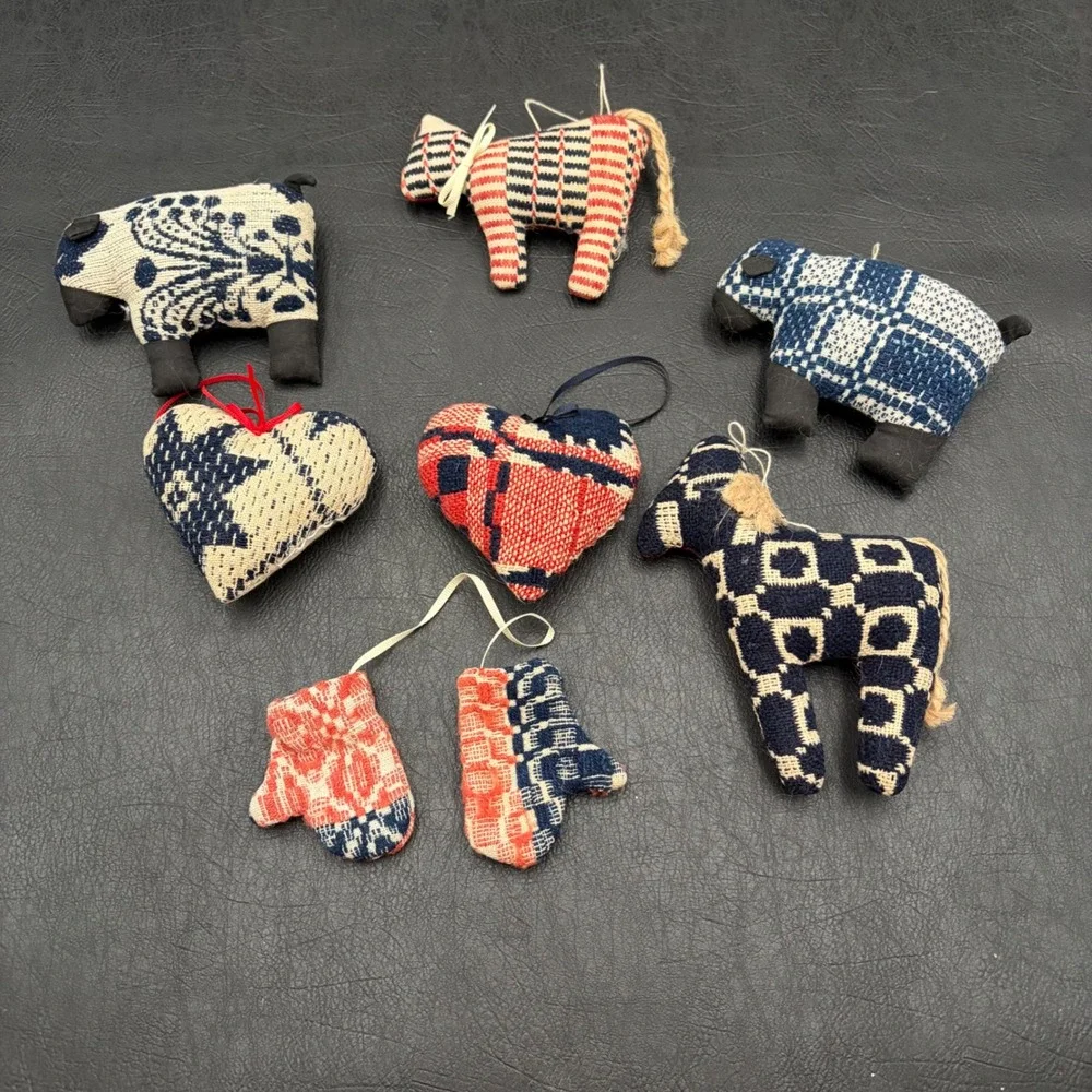 8pc Vintage Style Woven Fabric Folk Art Ornaments Sheep Horse Heart Mitten Decor